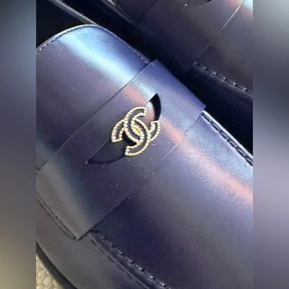 CHANEL Navy Leather Logo Penny Loafers IT 39.5 with dust bag - Picture 5 of 13